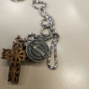 St. Benedict Religious Pendant Olive Wood Cross Silver Tone Necklace.